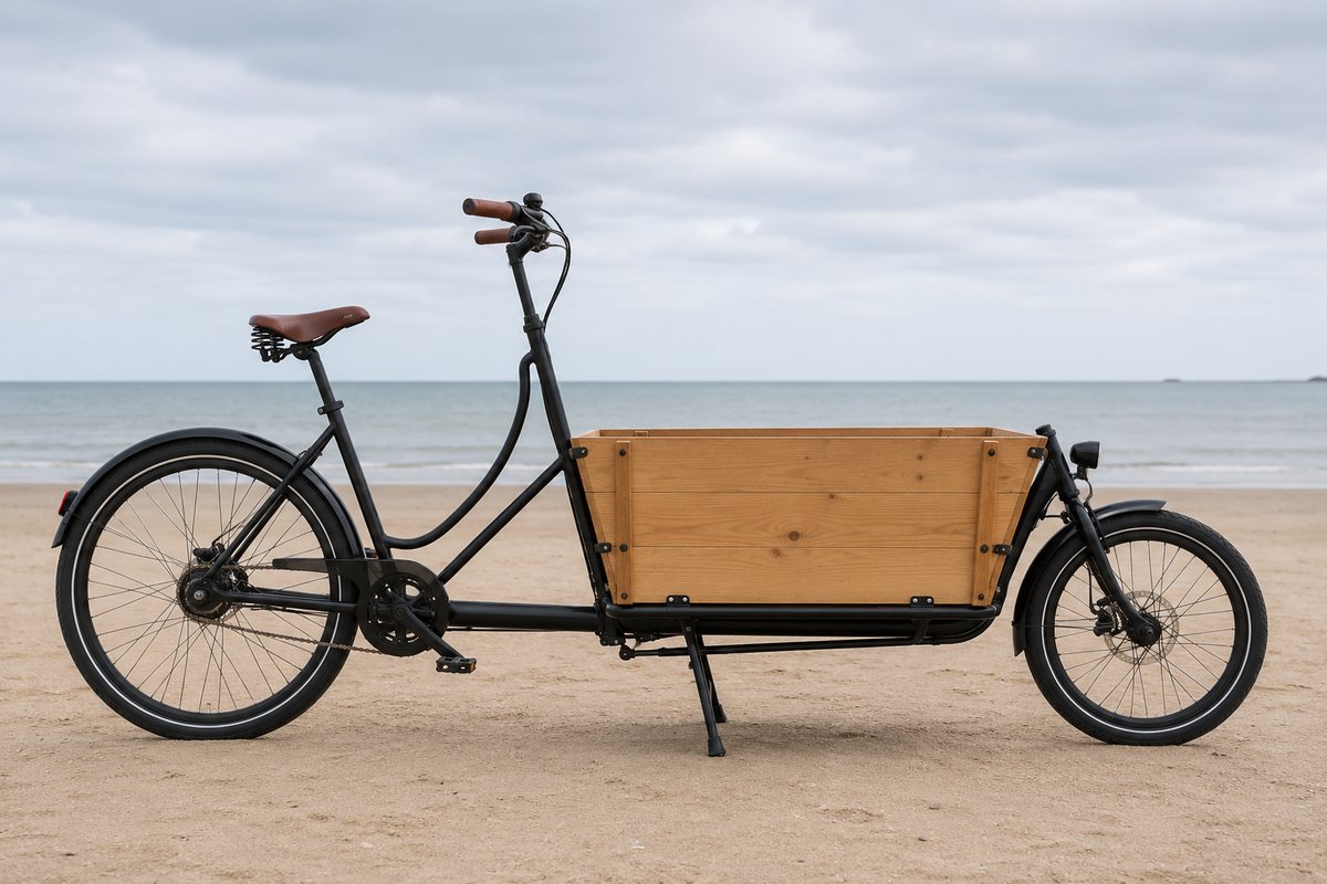 Bakfiets met houten voorbak in zijaanzicht op vlak zand bij de kust