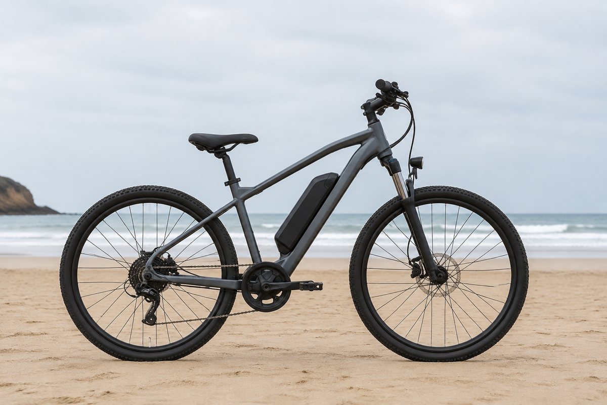 Elektrische fiets in zijaanzicht met accu op het frame, op vlak zand bij de kust