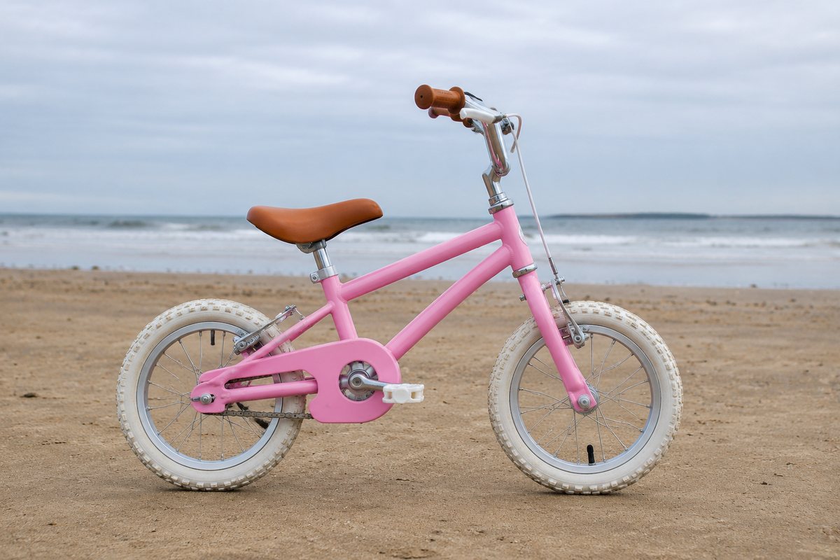 Kleine roze kinderfiets in zijaanzicht op vlak zand bij de zee