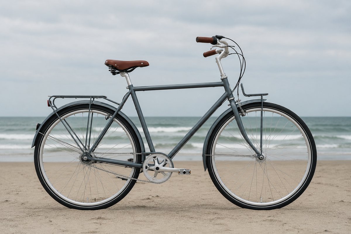 Eenvoudige stadsfiets in zijaanzicht op vlak zand met de zee erachter