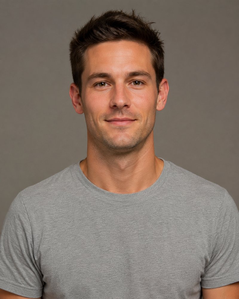 Portret van een man van ongeveer 28 met kort donker haar en een grijs T-shirt