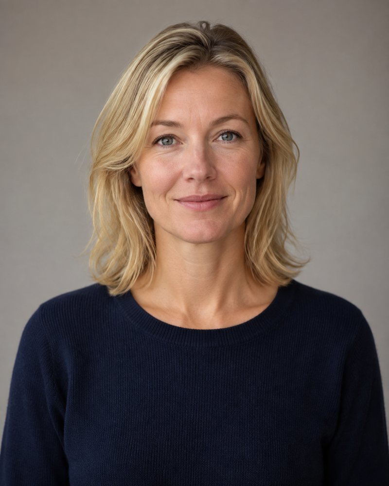 Portret van een vrouw van ongeveer 40 met blond schouderlang haar en een donkerblauwe trui