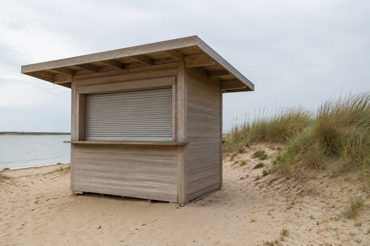 Kleine houten kiosk met een gesloten luik op het zand naast een duin