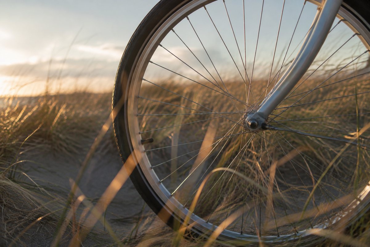 Fietswiel met spaken in hoog duingras bij laagstaande zon