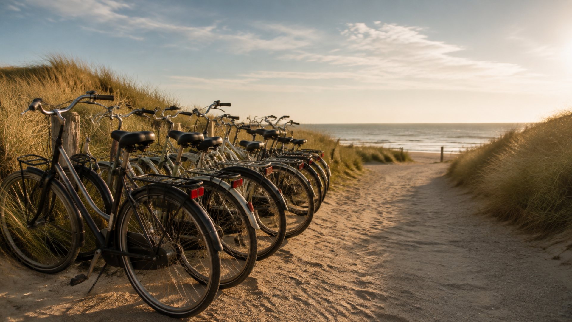 Rij fietsen langs een zandpad door de duinen met de zee op de achtergrond in laag avondlicht