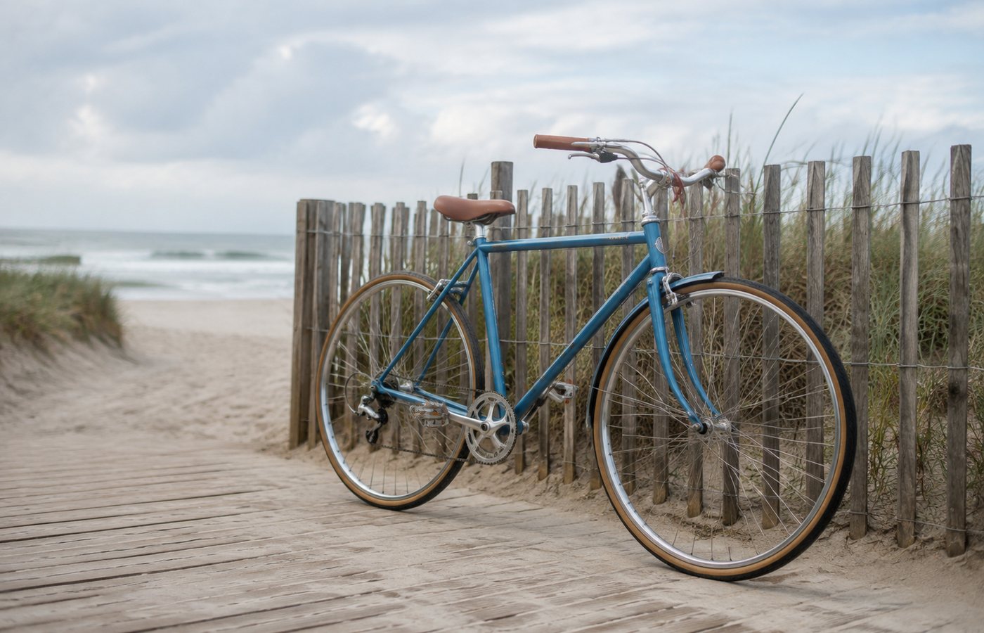 Losse fiets die tegen een verweerd houten hek staat bij de ingang van het strand